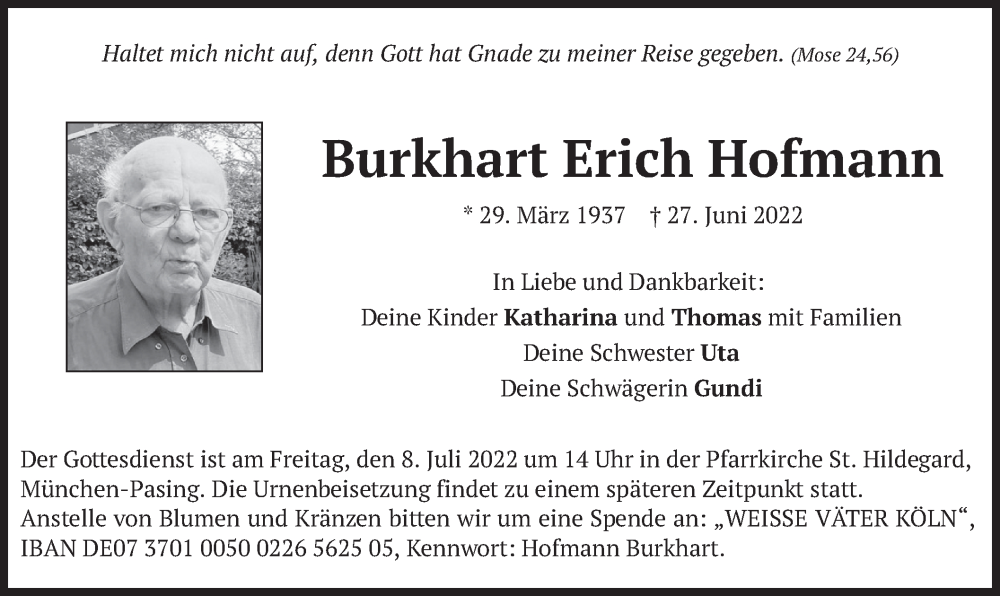  Traueranzeige für Burkhart Erich Hofmann vom 02.07.2022 aus merkurtz