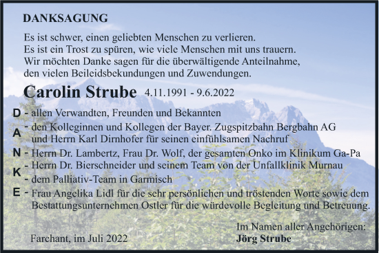Traueranzeige von Carolin Strube von merkurtz
