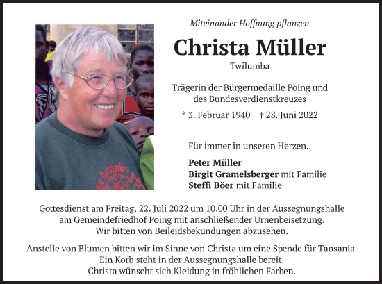 Traueranzeige von Christa Müller von merkurtz