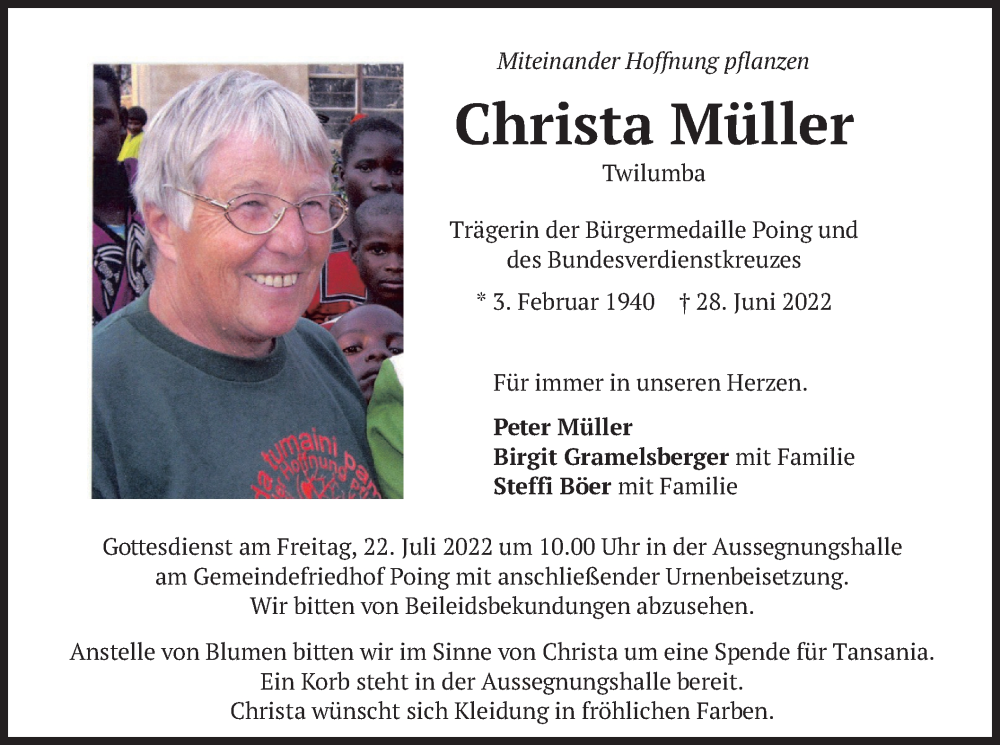  Traueranzeige für Christa Müller vom 13.07.2022 aus merkurtz