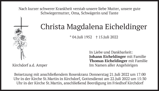 Traueranzeige von Christa Magdalena Eicheldinger von merkurtz