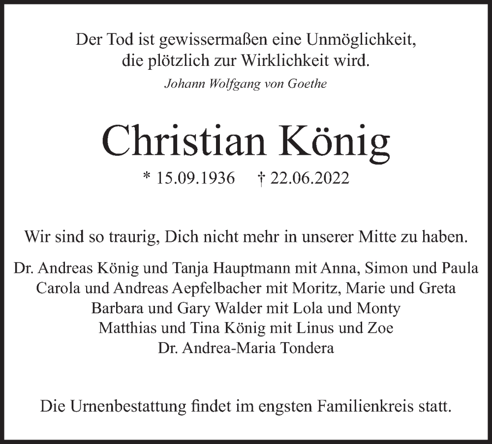  Traueranzeige für Christian König vom 02.07.2022 aus merkurtz
