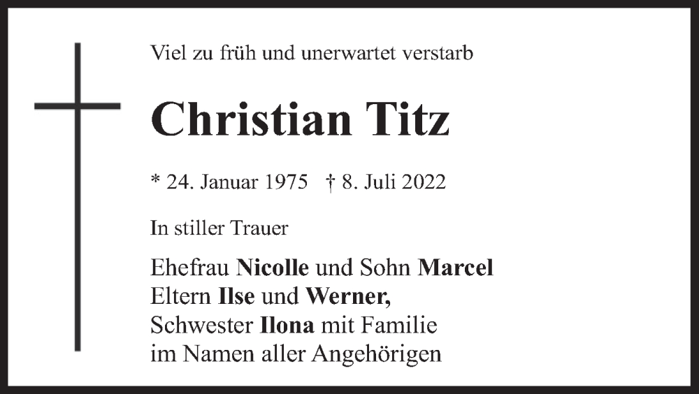 Traueranzeige für Christian Titz vom 20.07.2022 aus merkurtz