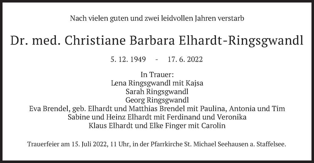  Traueranzeige für Christiane Barbara Elhardt-Ringsgwandl vom 09.07.2022 aus merkurtz