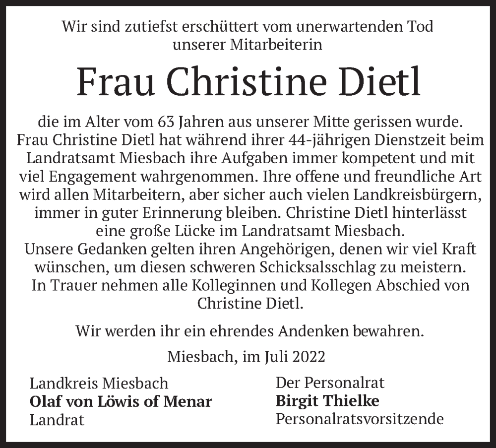  Traueranzeige für Christine Dietl vom 02.07.2022 aus merkurtz