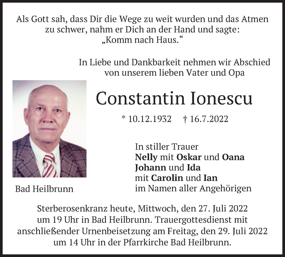  Traueranzeige für Constantin Ionescu vom 27.07.2022 aus merkurtz