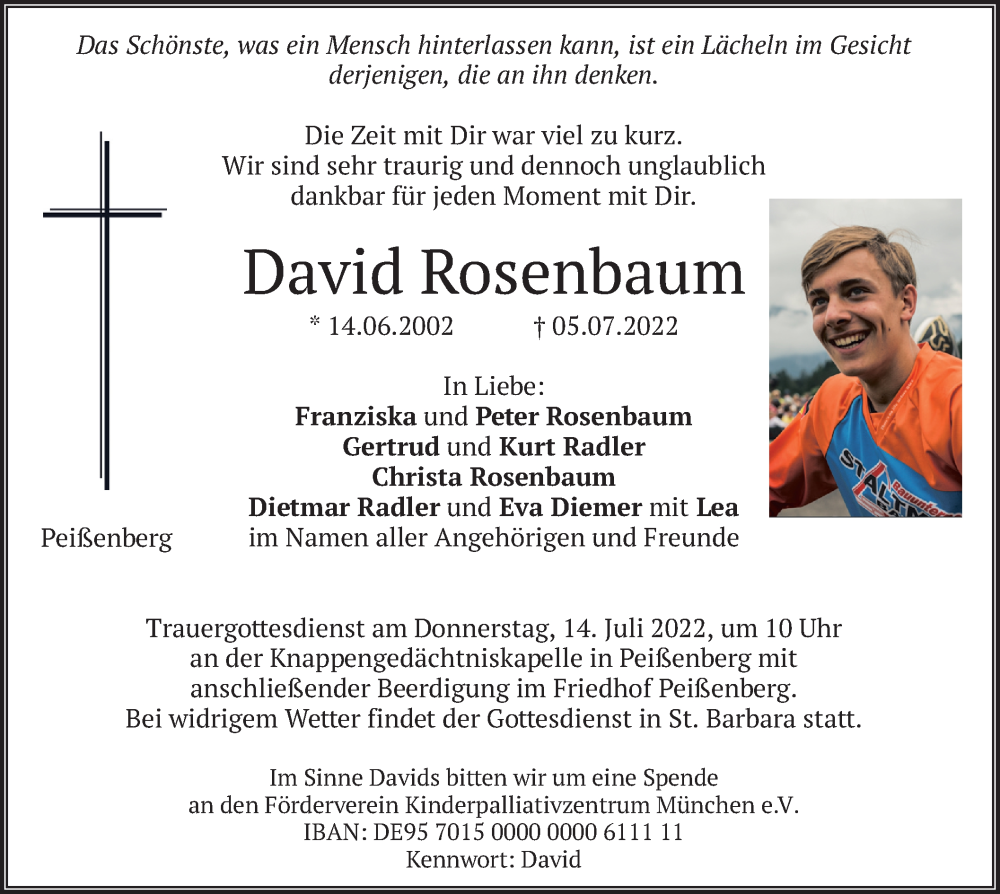  Traueranzeige für David Rosenbaum vom 09.07.2022 aus merkurtz