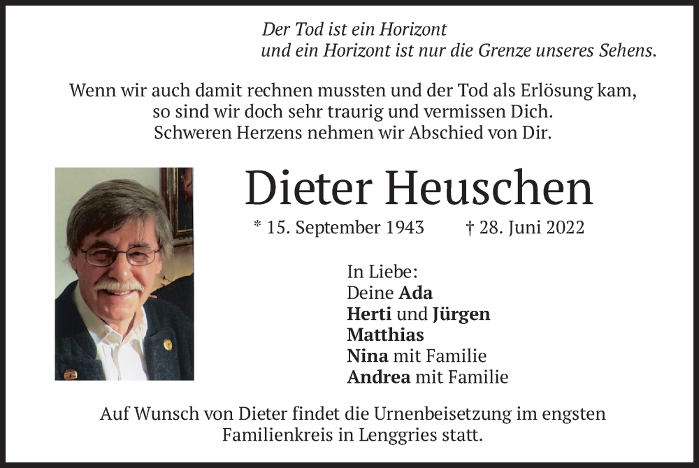  Traueranzeige für Dieter Heuschen vom 02.07.2022 aus merkurtz