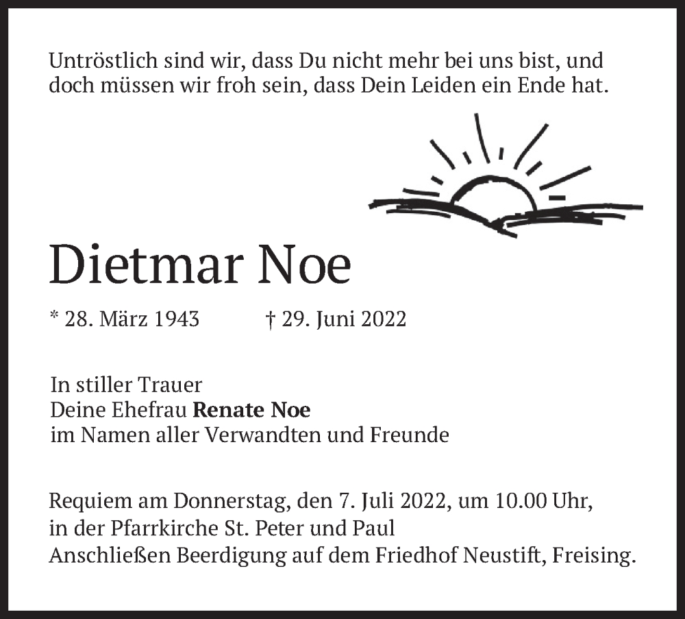  Traueranzeige für Dietmar Noe vom 02.07.2022 aus merkurtz