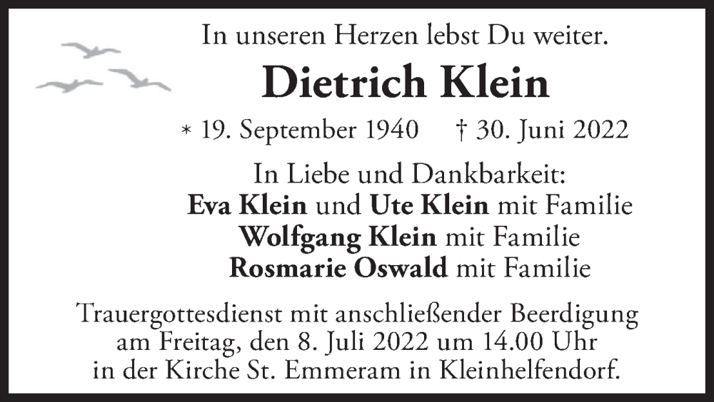  Traueranzeige für Dietrich Klein vom 06.07.2022 aus merkurtz