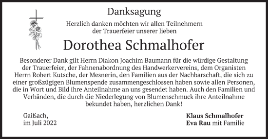 Traueranzeige von Dorothea Schmalhofer von merkurtz