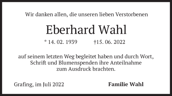 Traueranzeige von Eberhard Wahl von merkurtz