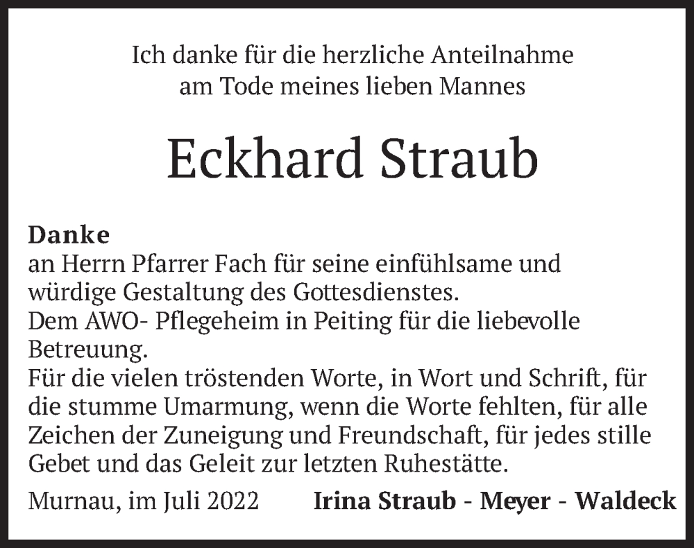  Traueranzeige für Eckhard Straub vom 16.07.2022 aus merkurtz