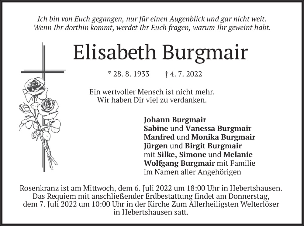  Traueranzeige für Elisabeth Burgmair vom 05.07.2022 aus merkurtz
