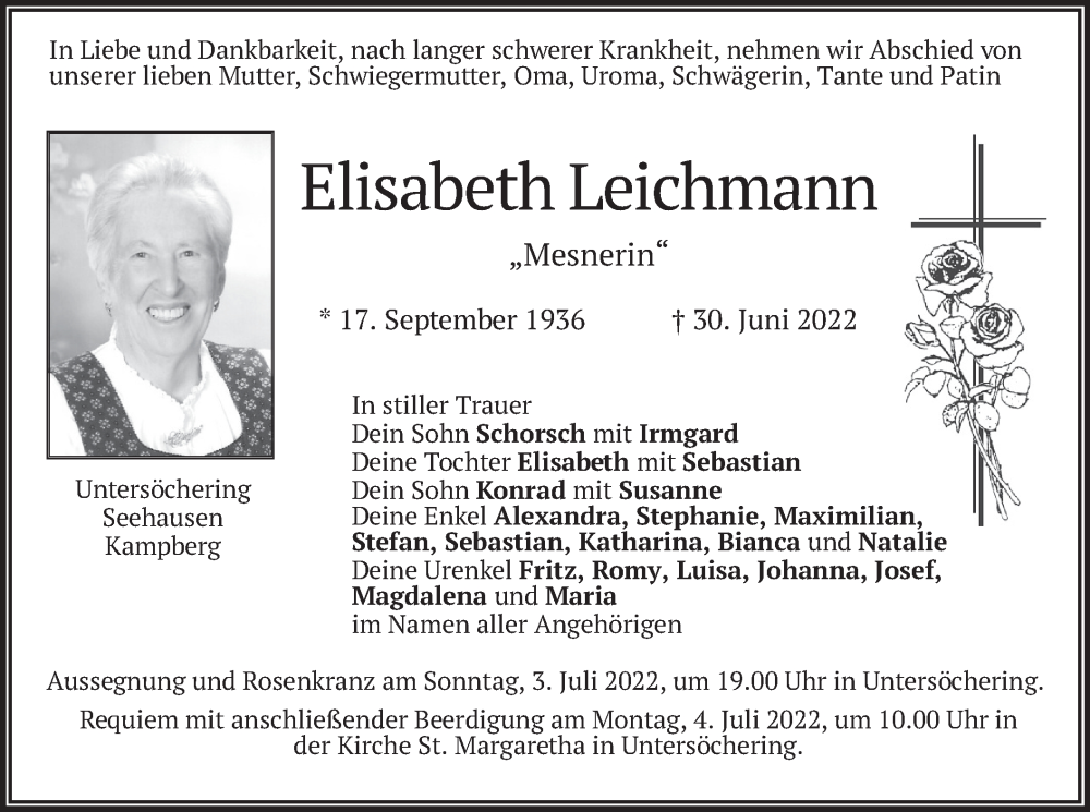  Traueranzeige für Elisabeth Leichmann vom 02.07.2022 aus merkurtz