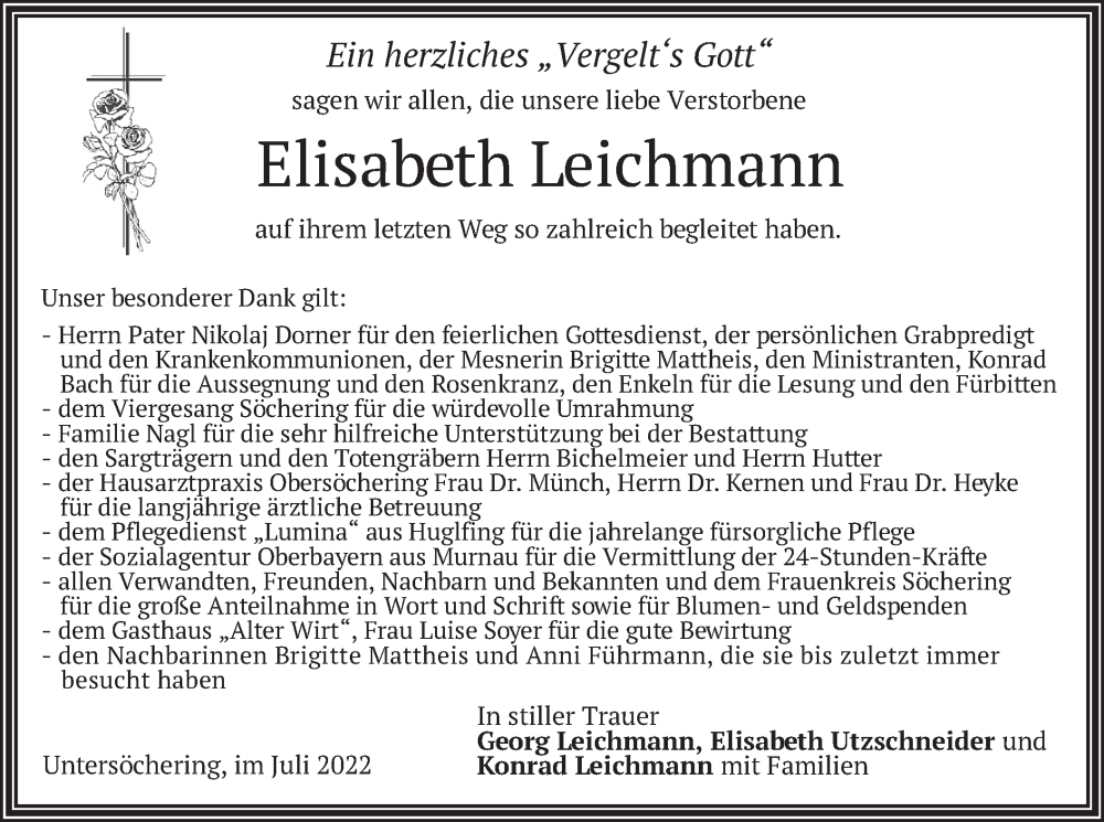  Traueranzeige für Elisabeth Leichmann vom 16.07.2022 aus merkurtz