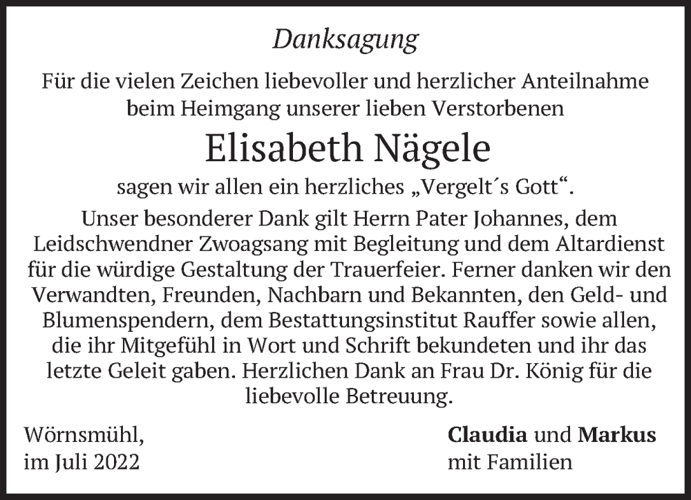  Traueranzeige für Elisabeth Nägele vom 09.07.2022 aus merkurtz