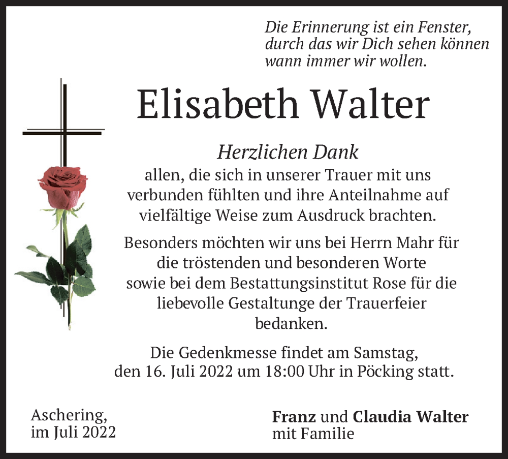  Traueranzeige für Elisabeth Walter vom 09.07.2022 aus merkurtz