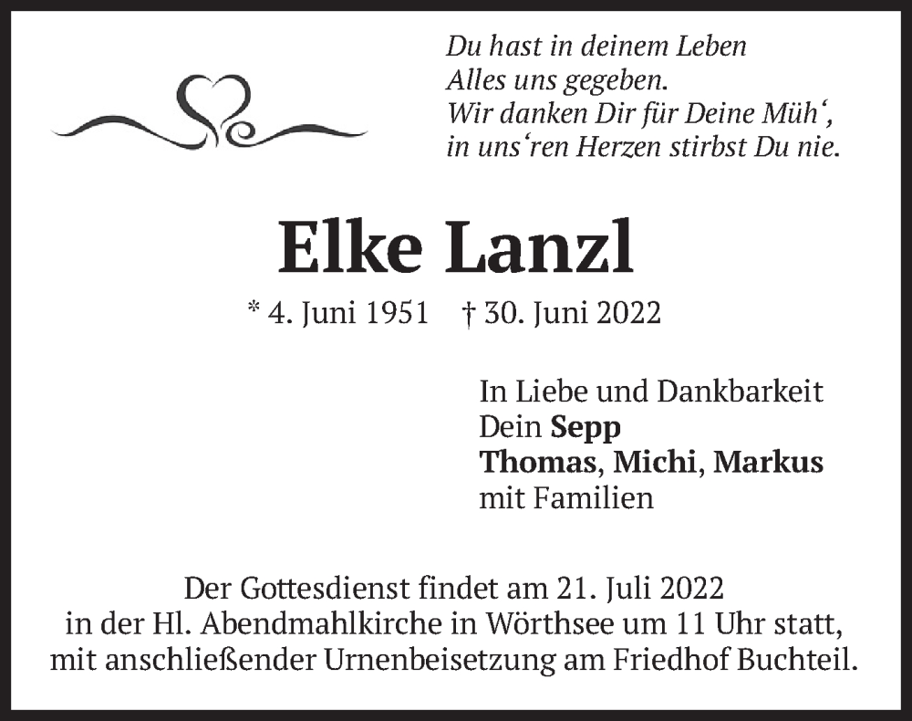  Traueranzeige für Elke Lanzl vom 16.07.2022 aus merkurtz