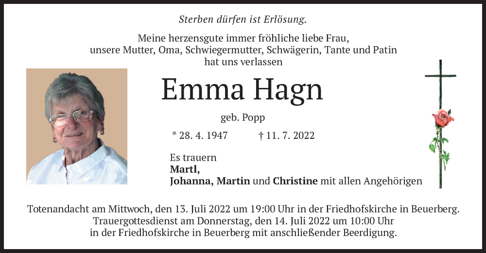  Traueranzeige für Emma Hagn vom 13.07.2022 aus merkurtz