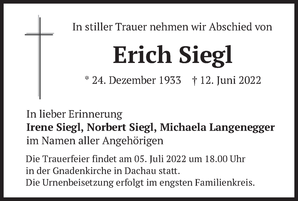  Traueranzeige für Erich Siegl vom 02.07.2022 aus merkurtz
