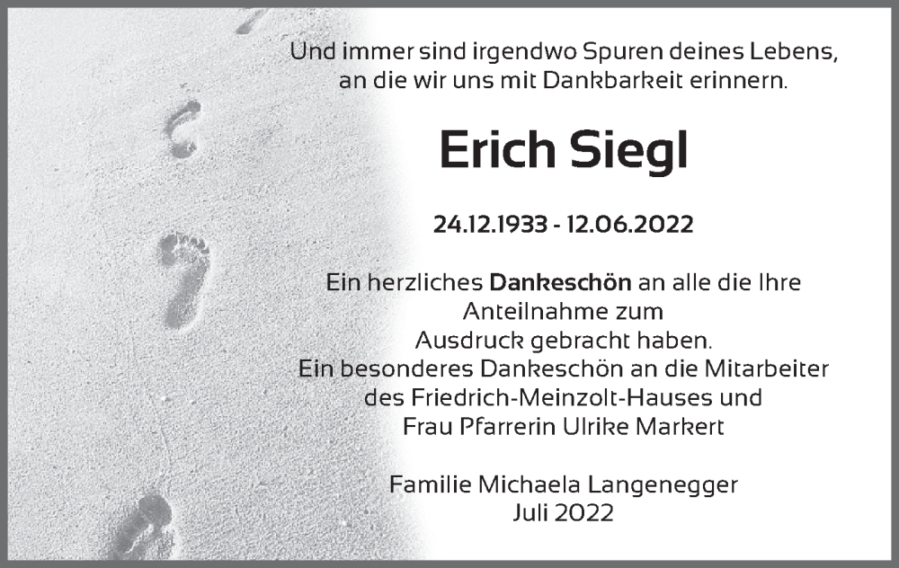  Traueranzeige für Erich Siegl vom 18.07.2022 aus merkurtz
