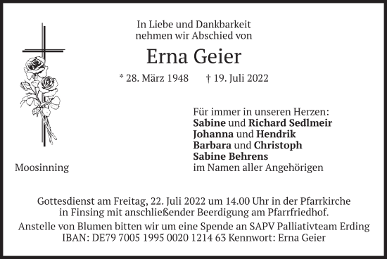 Traueranzeige von Erna Geier von merkurtz