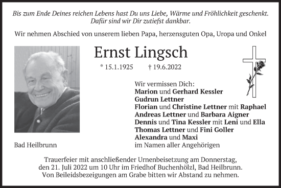 Traueranzeige von Ernst Lingsch von merkurtz