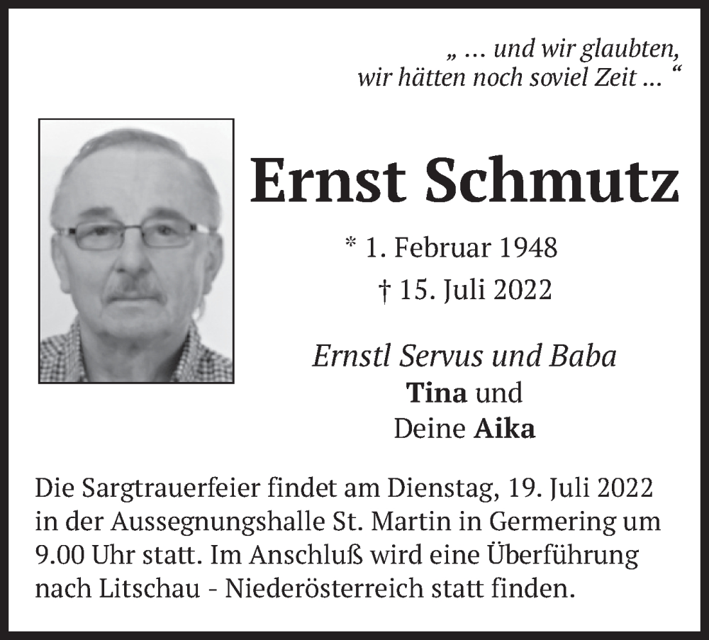  Traueranzeige für Ernst Schmutz vom 18.07.2022 aus merkurtz