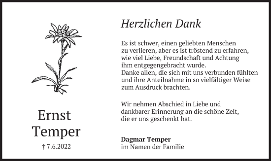 Traueranzeige von Ernst Temper von merkurtz