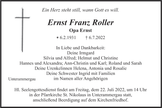 Traueranzeige von Ernst Franz Roller von merkurtz