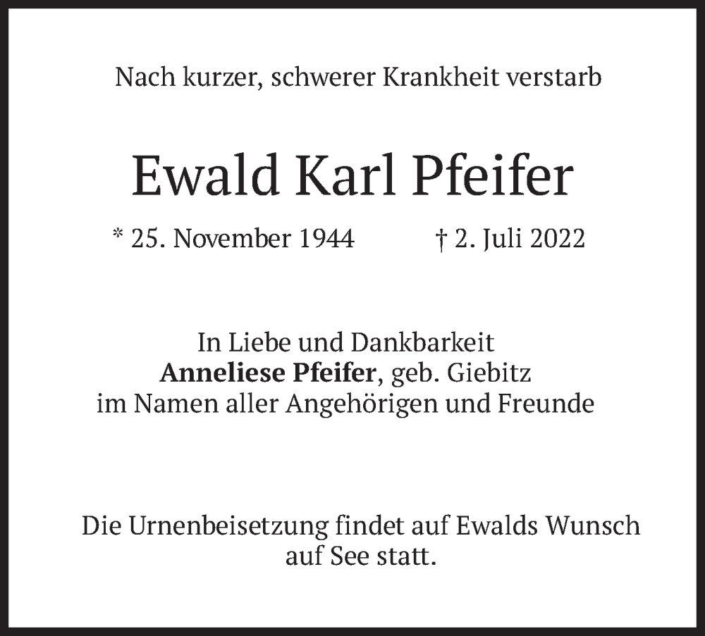  Traueranzeige für Ewald Karl Pfeifer vom 09.07.2022 aus merkurtz
