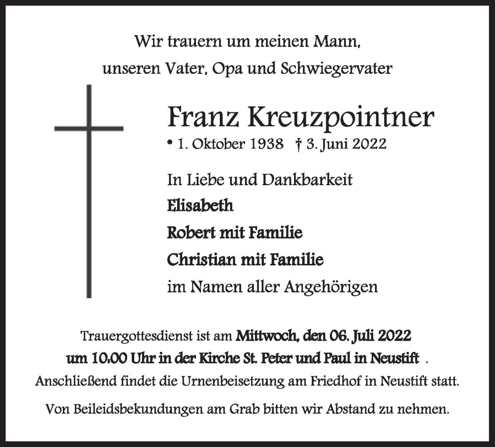  Traueranzeige für Franz Kreuzpointner vom 04.07.2022 aus merkurtz