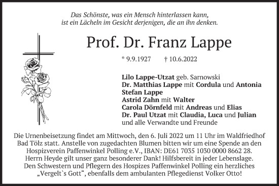 Traueranzeige von Franz Lappe von merkurtz