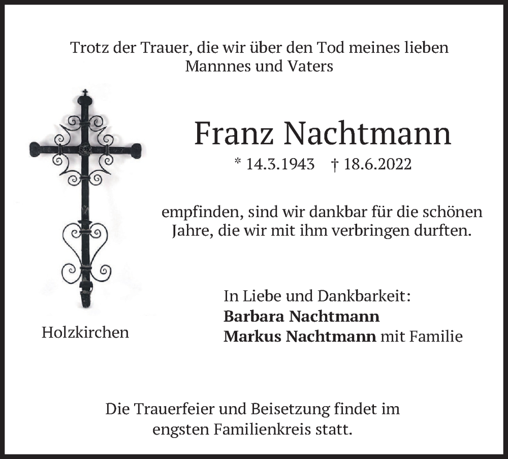  Traueranzeige für Franz Nachtmann vom 09.07.2022 aus merkurtz