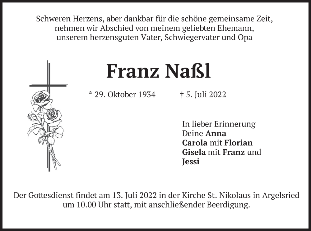  Traueranzeige für Franz Naßl vom 11.07.2022 aus merkurtz