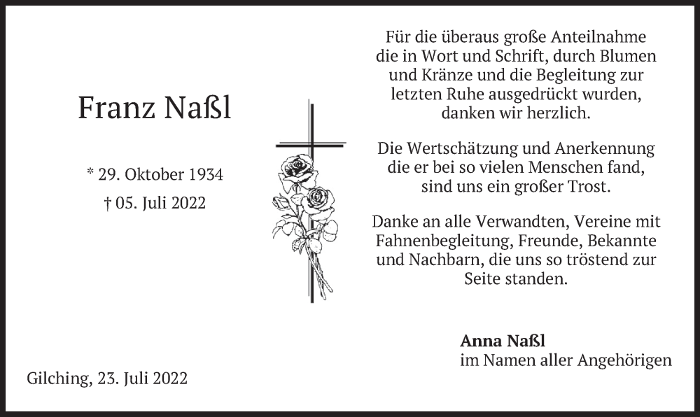  Traueranzeige für Franz Naßl vom 23.07.2022 aus merkurtz
