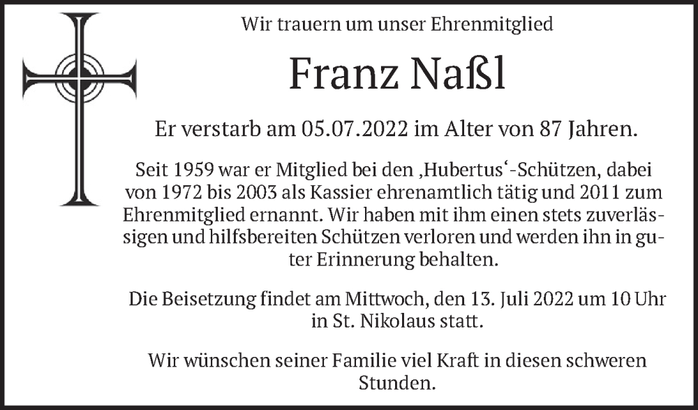  Traueranzeige für Franz Naßl vom 11.07.2022 aus merkurtz