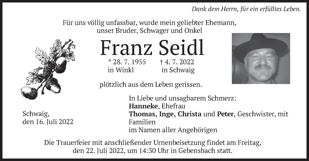  Traueranzeige für Franz Seidl vom 16.07.2022 aus merkurtz