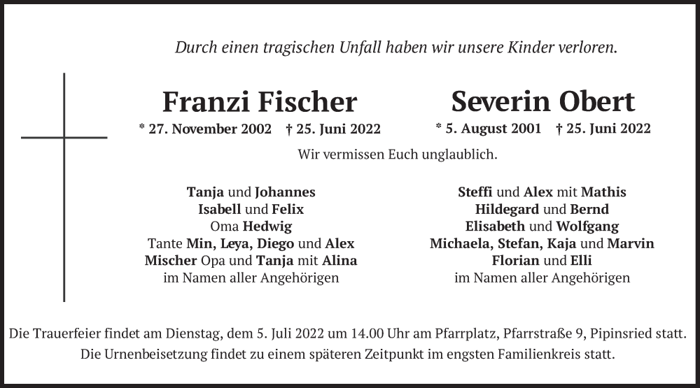  Traueranzeige für Franzi Fischer und Severin Obert  vom 02.07.2022 aus merkurtz