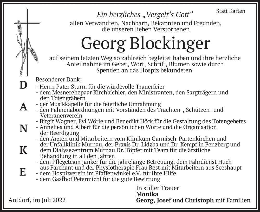  Traueranzeige für Georg Blockinger vom 23.07.2022 aus merkurtz