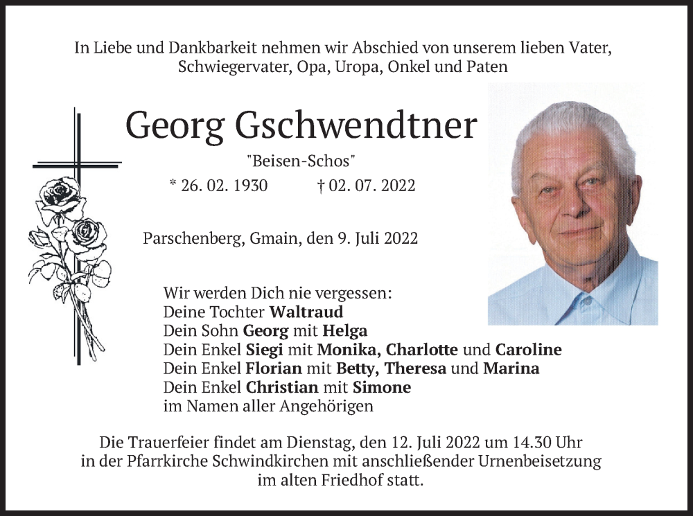  Traueranzeige für Georg Gschwendtner vom 09.07.2022 aus merkurtz