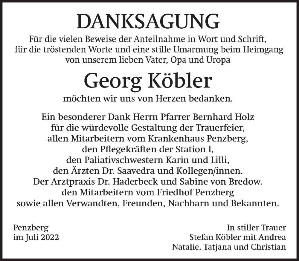  Traueranzeige für Georg Köbler vom 06.07.2022 aus Das Gelbe Blatt Penzberg
