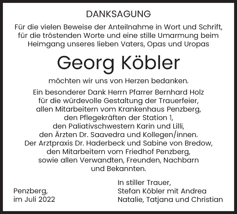  Traueranzeige für Georg Köbler vom 08.07.2022 aus merkurtz