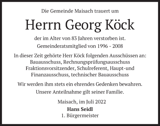 Traueranzeige von Georg Köck von merkurtz