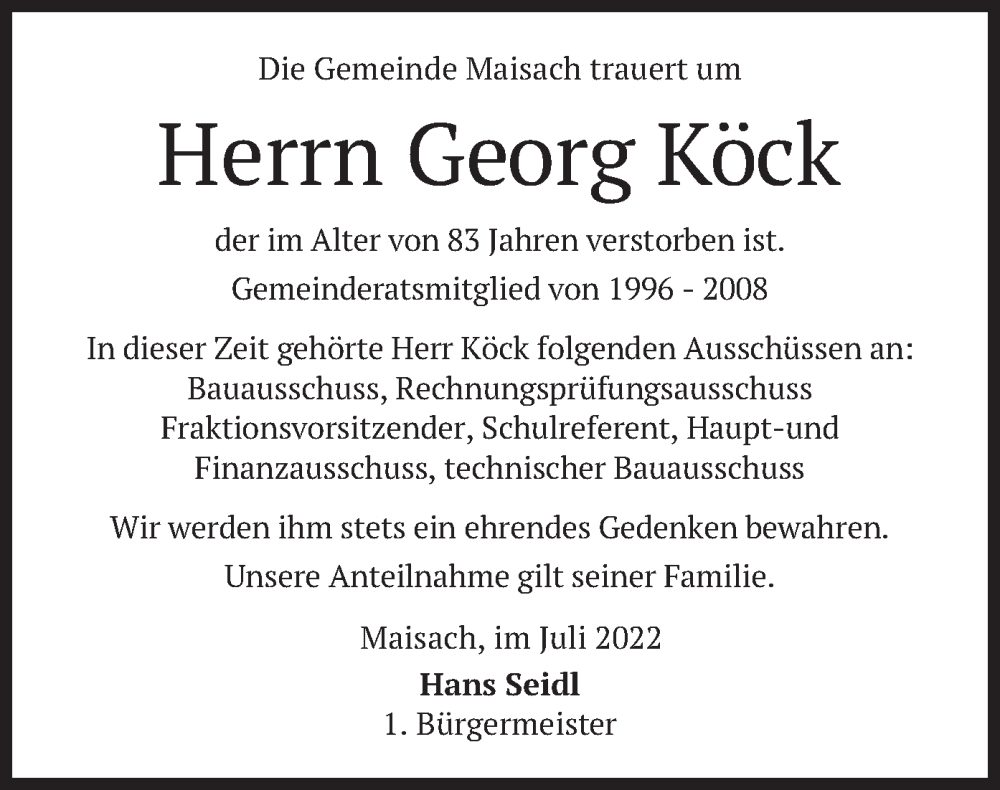  Traueranzeige für Georg Köck vom 02.07.2022 aus merkurtz