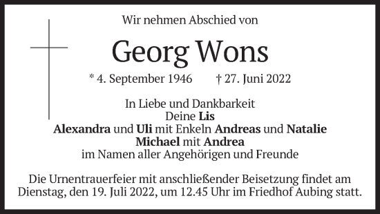 Traueranzeige von Georg Wons von merkurtz