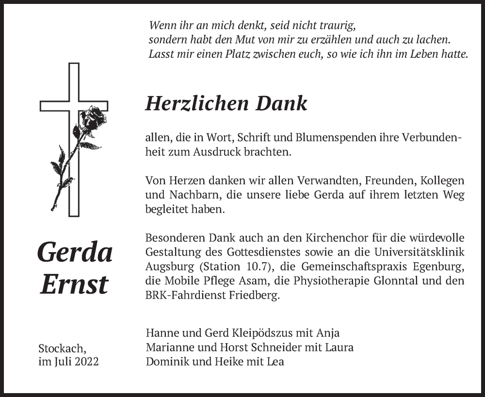  Traueranzeige für Gerda Ernst vom 09.07.2022 aus merkurtz