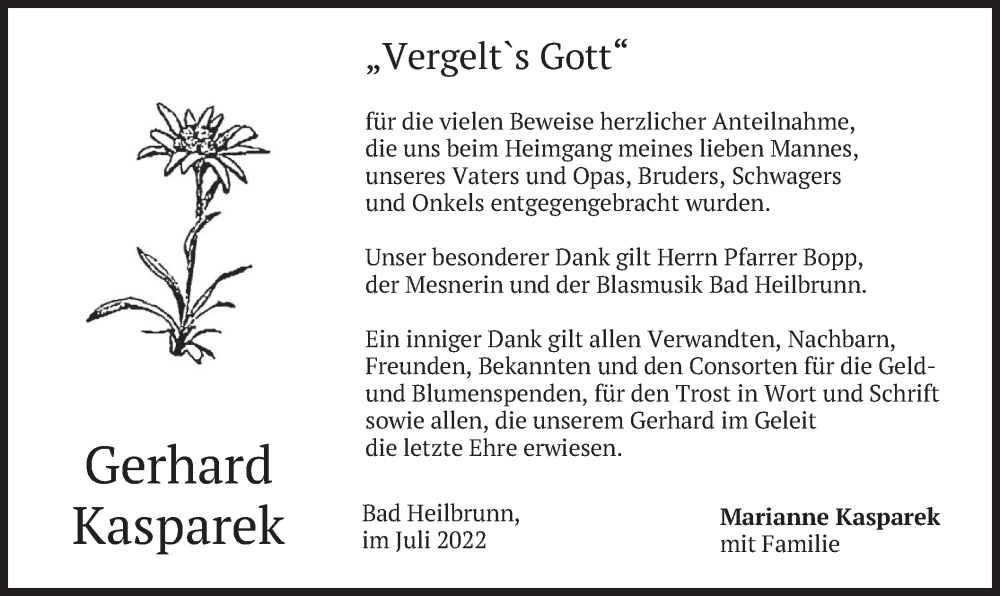  Traueranzeige für Gerhard Kasparek vom 09.07.2022 aus merkurtz