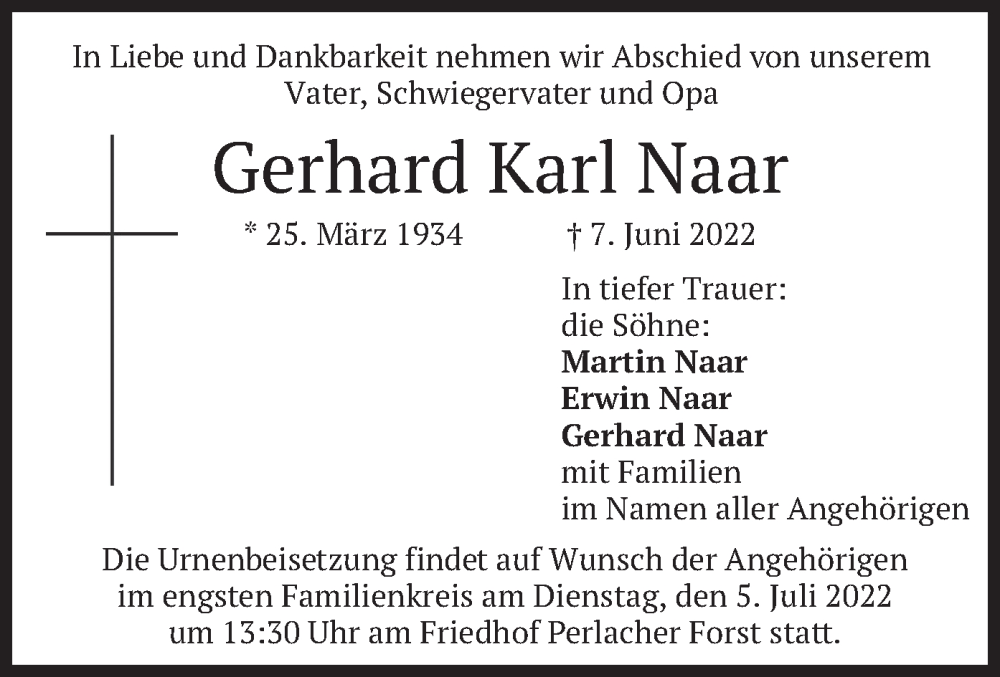  Traueranzeige für Gerhard Karl Naar vom 02.07.2022 aus merkurtz